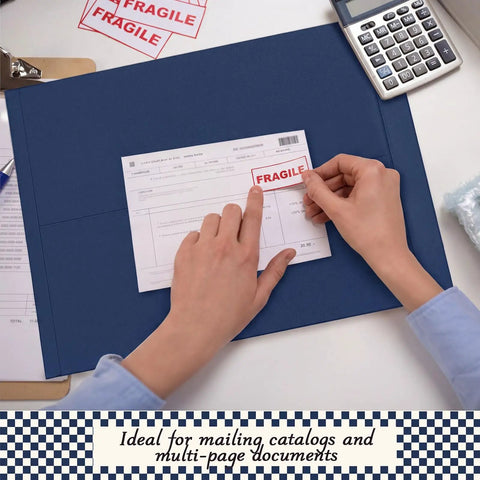 Hands applying fragile sticker on document over 50 Pack Extra Large 14 By 18 Inch Blue Mailing Envelopes 32 Lb With Gummed Flaps