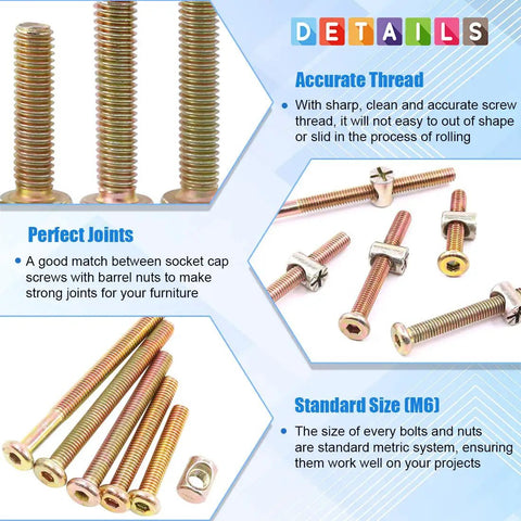 Zinc Plated M6 Hex Socket Head Cap Screws Kit, Assorted 40 50 60 70 80mm With Beefy Barrel Nuts, details and specifications