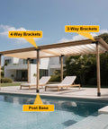 Heavy Duty 4x4 Pergola Bracket Kit For DIY Projects, showcasing 3 Way and 4 Way corner brackets on poolside pergola structure.