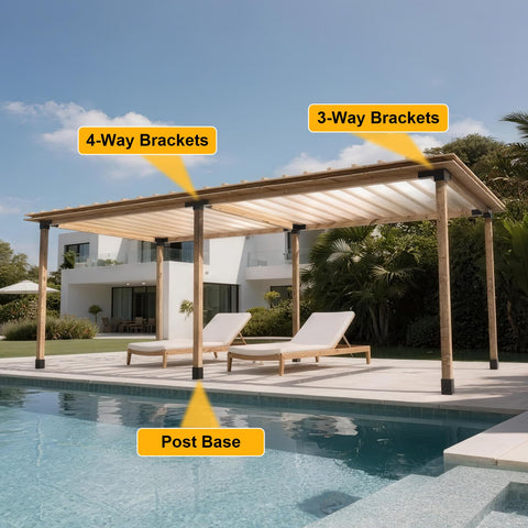 Heavy Duty 4x4 Pergola Bracket Kit For DIY Projects, showcasing 3 Way and 4 Way corner brackets on poolside pergola structure.