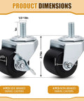 Heavy Duty Two Inch Low Profile Refrigerator Caster Wheels Set Of Eight With Half Inch Thirteen Stems Plus Lock And Roll Swivel Combo For Commercial Fridges, showing product dimensions of casters.
