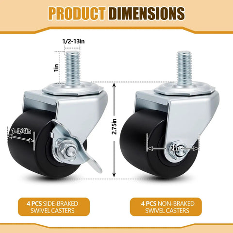 Heavy Duty Two Inch Low Profile Refrigerator Caster Wheels Set Of Eight With Half Inch Thirteen Stems Plus Lock And Roll Swivel Combo For Commercial Fridges, showing product dimensions of casters.