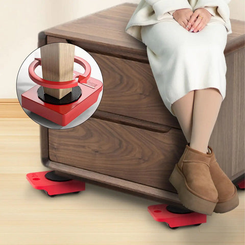 Heavy Duty Furniture Movers With Wheels And Lifter Kit shown under a wooden cabinet, demonstrating easy glide for heavy lifting.