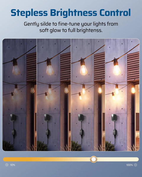 Ultimate Outdoor String Light Dimmer With Hella Smooth Stepless Slider For 10 To 100 Percent Brightness Control and power button display.