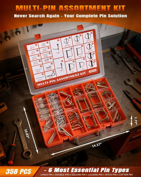 358 Piece Pin Set With Hitch Pins Lynch Pins PTO Pins For Tractors Trailers Trucks Mowers Snow Plows And Farm Equipment Heavy Duty Attachments For Secure Vibration Free Connections, orange case