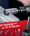 Workhorse Tungsten Carbide Rotary Burr Set Featuring Ten Double Cut Die Grinder Bits Plus Three Metal Cutting Wheels in use.