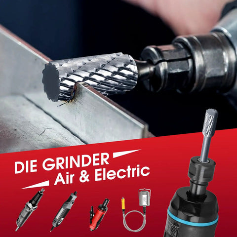 Workhorse Tungsten Carbide Rotary Burr Set Featuring Ten Double Cut Die Grinder Bits Plus Three Metal Cutting Wheels in use.