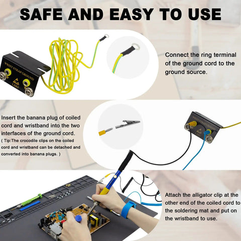 Instructions for using extra large soldering mat with wrist strap and grounding accessories, non slip gray pad for electronics repair