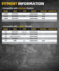 Fitment information table for Chevrolet Camaro 2010-2015, Impala 2018-2019, Cadillac CTS 2008-2019, XTS 2018-2019 models