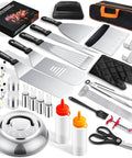 All In One 45 Piece Griddle Accessories Kit For Flat Top Grills Upgraded Spatula Set arranged with tools and carrying case