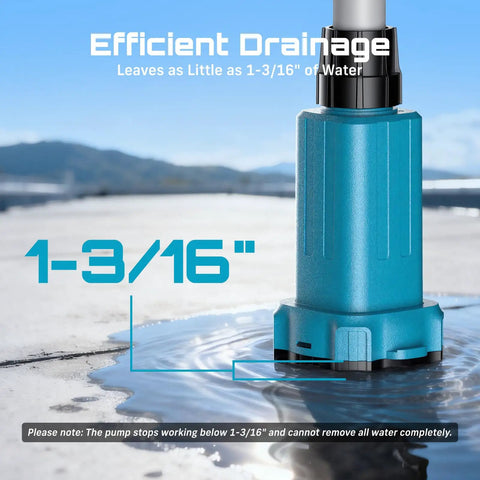 Cordless Water Transfer Pump With Two 4.0Ah Batteries Included, 740 GPH Portable Submersible Pump showing efficient drainage at 1-3/16 inch.
