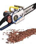 High Torque Electric Concrete Wall Saw Featuring Built Like A Tank Diamond Chain Blade For Fast Grooving Clean Slotting And Smooth Masonry Cutting Projects with debris scattered on the ground.