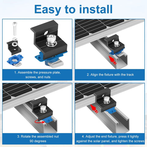 Heavy Duty Solar Panel End Clamps Twenty Four Pack With Rustproof Black Aluminum Alloy Housing assembly instructions steps.