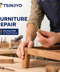 Person holding a screw during furniture repair using 100 Piece Hanger Bolt Set with Double Ended Screws for Woodworking and Furniture Assembly.