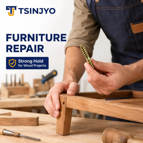 Person holding a screw during furniture repair using 100 Piece Hanger Bolt Set with Double Ended Screws for Woodworking and Furniture Assembly.