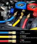 Three Piece 72 Inch Low Loss HVAC Refrigerant Hoses With Compact Ball Valve And Quarter Inch Flare Fittings Color Coded Yellow Red Blue