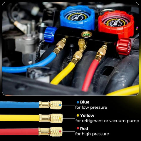 Three Piece 72 Inch Low Loss HVAC Refrigerant Hoses With Compact Ball Valve And Quarter Inch Flare Fittings Color Coded Yellow Red Blue