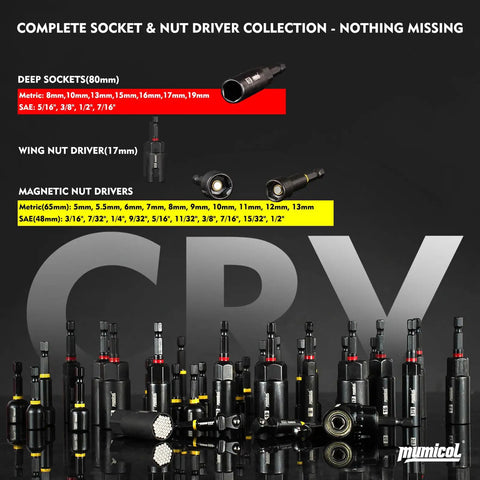 Magnetic Impact Nut Driver Set With SAE And Metric Deep Sockets Ratcheting Screwdriver Universal Socket shown with components in view.