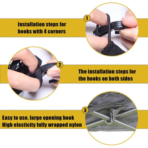 Installation guide for Heavy Duty Elastic Cargo Net For Folding Wagons And Utility Carts, showing hook setup and nylon material.