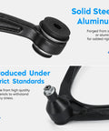 Close-up of Front Upper Passenger Side Control Arm With Beefed-Up Ball Joint Assembly K80670 with solid steel aluminum material