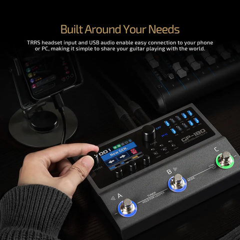 Person using GP-180 Multi-Effects Guitar Processor With HD Modeling, Over 200 Pro Grade Effects, Built-In Battery, Looper, Drum Machine