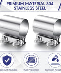 Four Pack Three Inch Exhaust Clamps Stainless Steel Muffler Band Sleeve Couplers For Pipes And Catalytic Converters Secure Leak Free Auto Exhaust Repairs Easy Install For DIY Car Enthusiasts, two stainless clamps on display