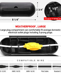 4 Pack Extension Cord Protective Cover Set Black Capsule Shaped Water Resistant Holders For Indoor Outdoor Use Great For Holiday String Lights And Wires Large Compartment Fits Up To 12 Gauge Cords showing size and fit with diagrams.