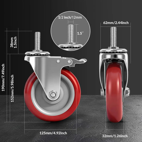 Heavy Duty 5 Inch Locking Swivel Caster Wheels For Furniture With Threaded Stem And Surefire Side Brake, showing dimensions and details.