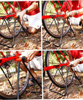 Foldable Aluminum Bike Repair Stand For DIY Home Mechanics in use on mountain bike, rear hub axle mount with foldout legs.