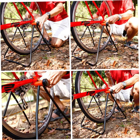 Foldable Aluminum Bike Repair Stand For DIY Home Mechanics in use on mountain bike, rear hub axle mount with foldout legs.