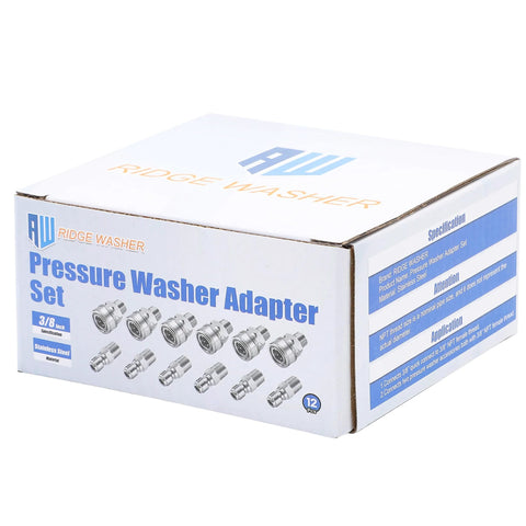 Ridge Washer pressure washer adapter set, 12-piece, stainless steel, 3/8 inch quick-connect fittings