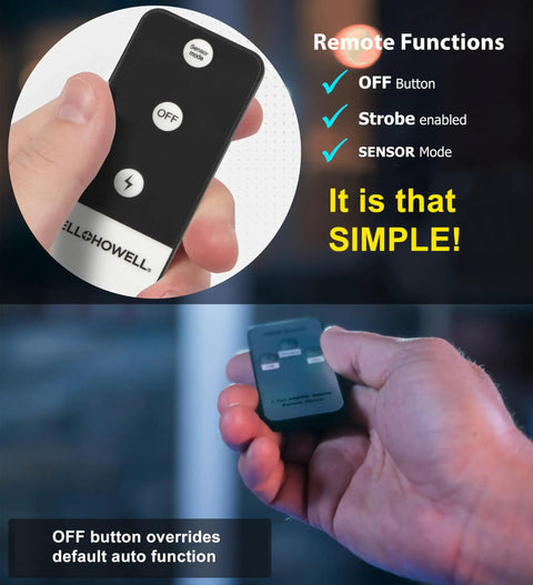 Hand holding remote control for Solar Outdoor Garden Lights With Motion Sensor And 180 Degree Swivel Panels, 108 COB LEDs