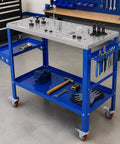 Boss Level Portable Welding Table 36 By 18 Inch Steel Workbench With Hella Tough 1200 Lb Load Rating Brake Lock Casters And Killer Tool Tray For Garage Projects, blue steel workbench with tools.