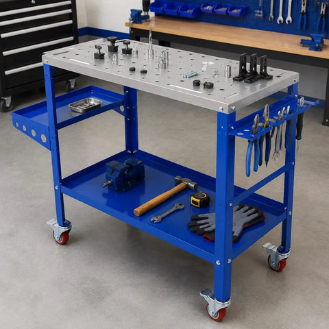 Boss Level Portable Welding Table 36 By 18 Inch Steel Workbench With Hella Tough 1200 Lb Load Rating Brake Lock Casters And Killer Tool Tray For Garage Projects, blue steel workbench with tools.