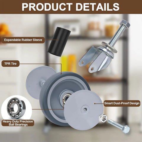 Close-up of 2 Inch Expanding Stem Caster Wheels Set Of Four Furniture Swivel Rollers With Five Adapter Sleeves detail showing components.