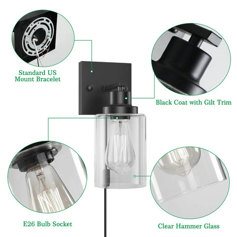 Plug In Rustic Wall Sconces Set Of 2 Modern Vanity Lights With Glass Shades E26 Base Matte Black Finish Easy Wall Lighting
