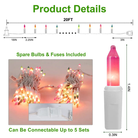 Two Pack Easter Fairy Lights Set With 100 Mini Pastel Bulbs On 20 Ft White Wire Multicolor 120V UL Certified For Patio Wreath Garland Garden Indoor Outdoor Decor; image shows detailed product overview and close-up of pink bulb on 1.4-inch base.