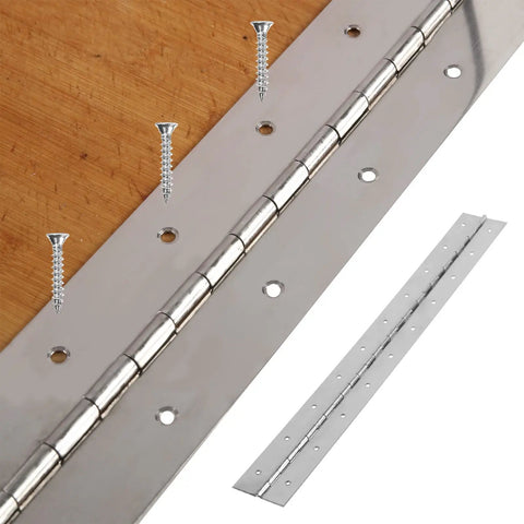 Heavy Duty Stainless Steel Piano Hinges, 36 Inch Continuous Door Hardware With Screws on wood with screws visible.