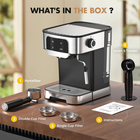 Compact Stainless Steel Espresso Machine With 20 Bar Pump And Built In Milk Frother For Creating Legit Barista Quality Lattes And Cappuccinos Right In Your Kitchen Using A Sleek Touch Display Black Edition with portafilter and filters.