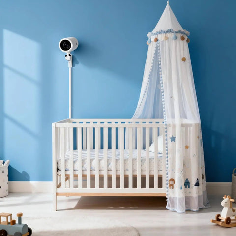 White crib with canopy in blue nursery room, camera on wall for baby monitoring, natural light casting shadows on wall.