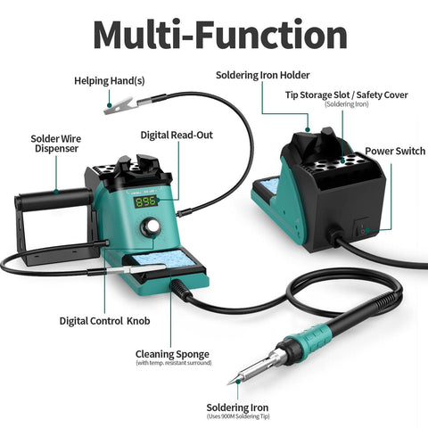 Multi-function Soldering Iron Station Kit with 60W Soldering Iron, PID Temperature Control, ESD Safe features labeled