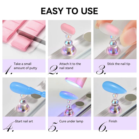 Step-by-step guide using Holographic Nail Stand Kit For Press On Nails With Magnetic Holder, displaying easy nail art application.