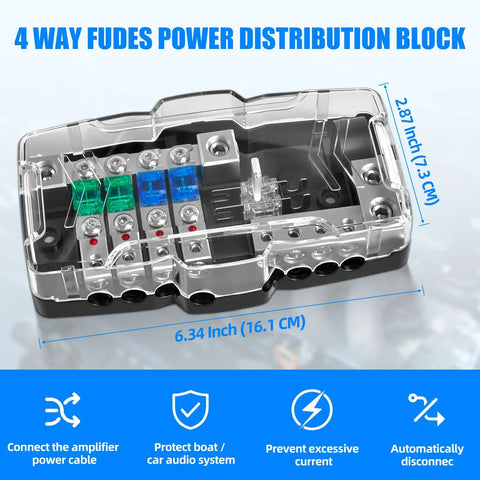 12V Fused Power Distribution Block For Car Stereo, 4-Way MIDI Fuse Block With Ground, Handles 0/2/4 GA In And 4/6/8 GA Out, Dual Positive Sides With Individual Fuses, Perfect For Auto, Marine, Boat And Solar Setups. Clear cover 6.34 x 2.87 inch