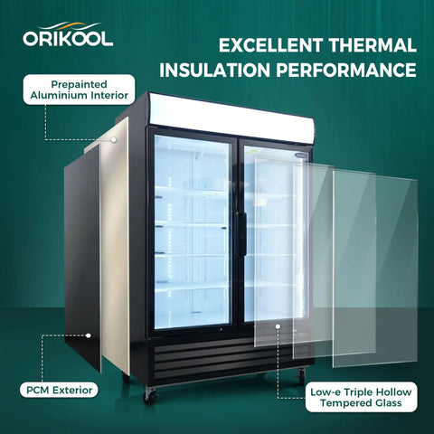 Commercial Double Glass Door Display Freezer With Forty Four Point Seven Cubic Feet Badass Storage And Digital Temp Control Auto Defrost Led Lights Zero Hassle Store Setup with prepainted aluminum interior.
