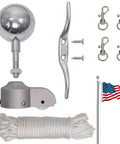 Flag Pole Replacement Kit With Pulley And Rope No Fuss Easy Install 50 Ft Halyard Rope Silver Ball Topper 4 Flag Pole Clips