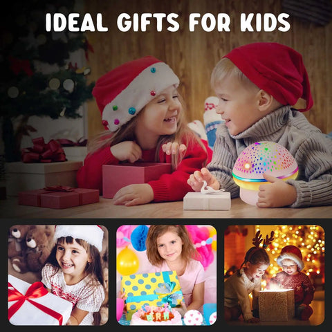 Two children with a Galaxy Projector Night Light For Kids With Timer, Rotating Starry Sky Projection For Girls And Boys, Perfect Christmas And Birthday Gift, Pink Room Decor For Ages 3-10, Kid Friendly Toy That Makes Nighttime Totally Stellar Fun.