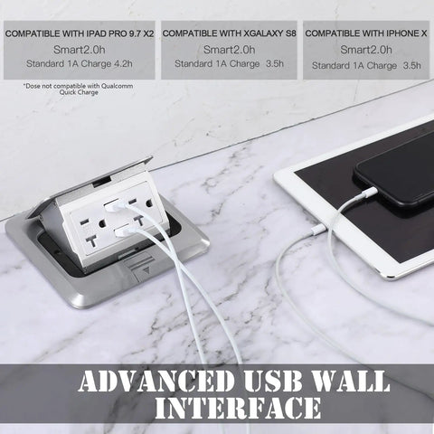 Two Pack Pop Up Floor Electrical Outlet Cover Kit With USB Charger 4.8A and 20 Amp Capacity in use on a countertop with devices