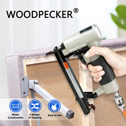 Person using Pneumatic Continuous Firing Upholstery Stapler 22 Gauge 71 Series Crown Staple Gun on furniture project