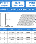 Chart showing specifications for 16 Gauge Angled Finish Nails Two And A Half Inches 20 Degree Galvanized, includes dimensions and packaging.