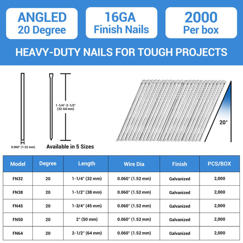 Chart showing specifications for 16 Gauge Angled Finish Nails Two And A Half Inches 20 Degree Galvanized, includes dimensions and packaging.